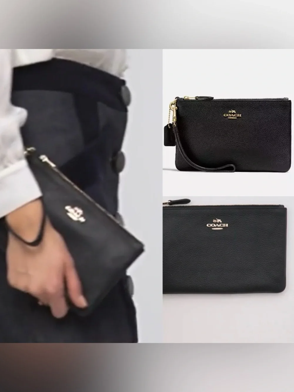 NEW Coach Black Crossgrain Leather Small Zip Top Wristlet Pouch - Picture 4 of 12